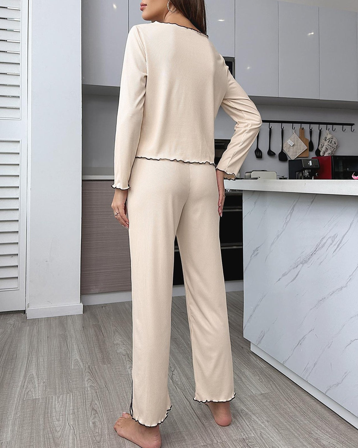 Ribbed Button Front Pajama Top And Pants Set - Off-White - 3