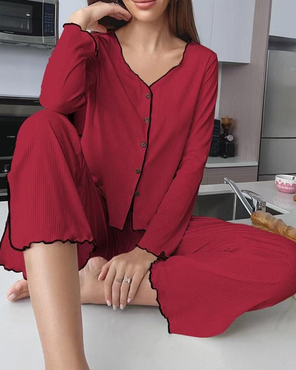 Ribbed Button Front Pajama Top And Pants Set - Wine-Red