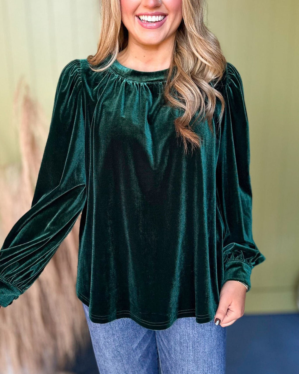 Velvet Balloon Sleeve Round Neck Blouse - Green