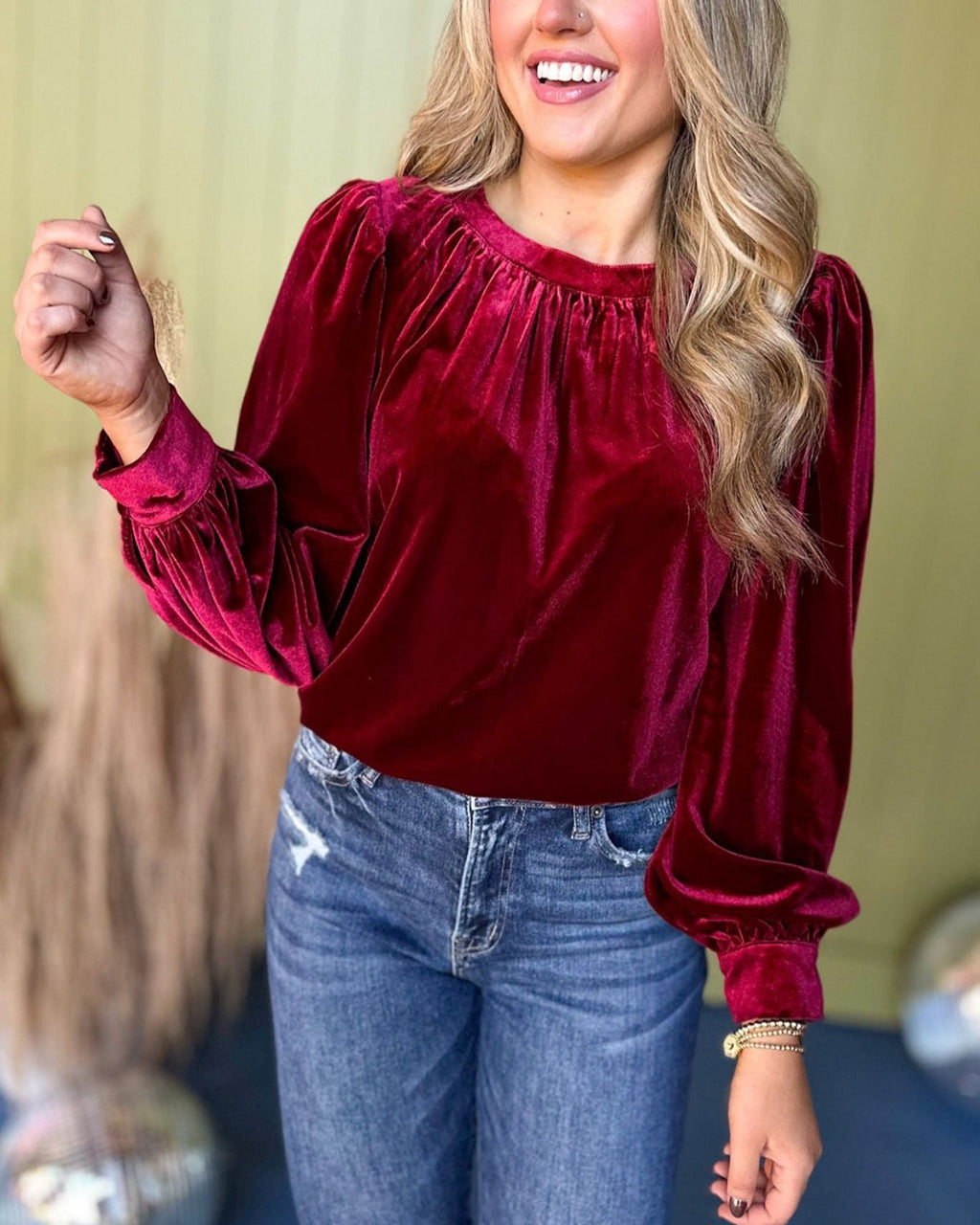 Velvet Balloon Sleeve Round Neck Blouse - Red