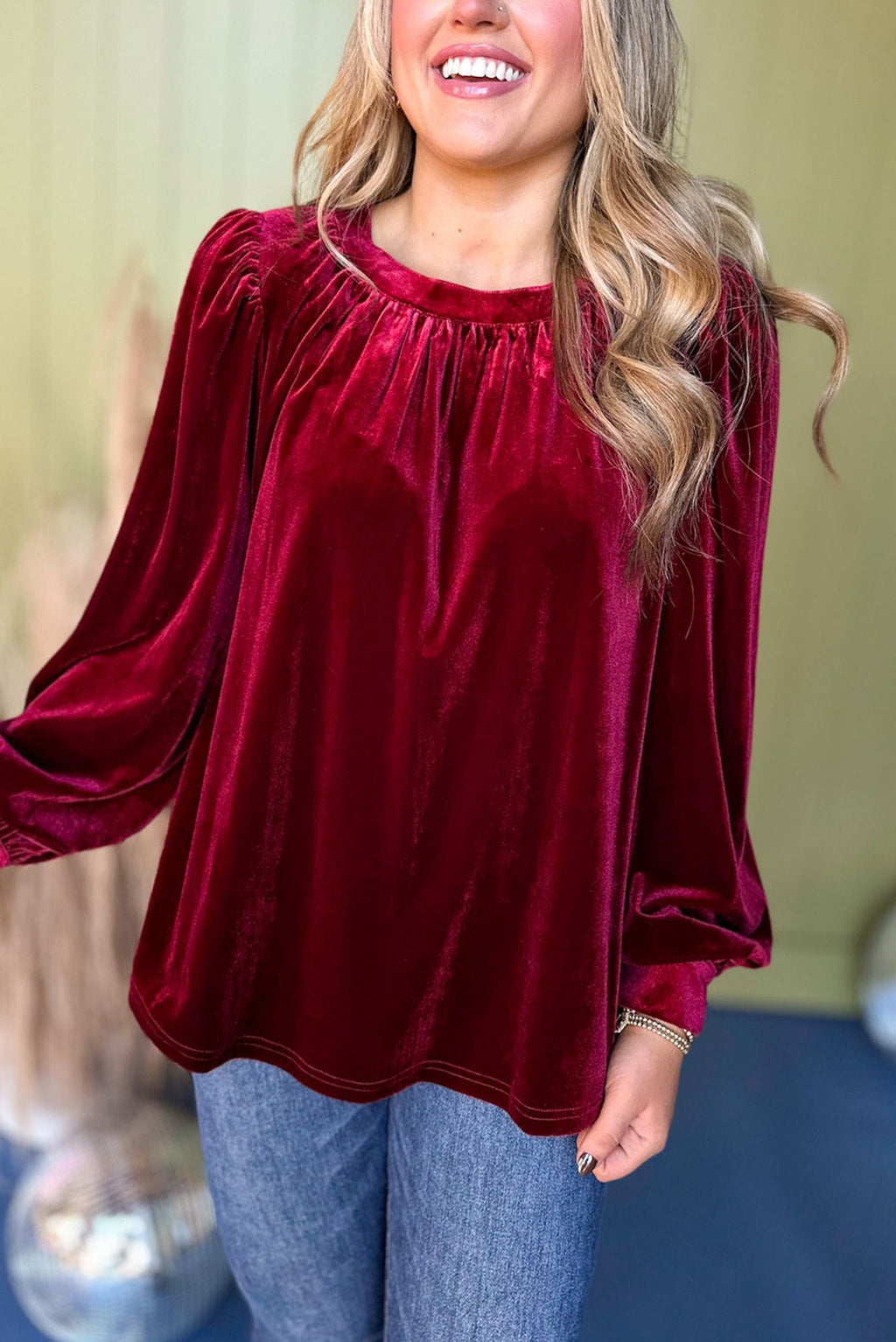 Velvet Balloon Sleeve Round Neck Blouse - Red - 1
