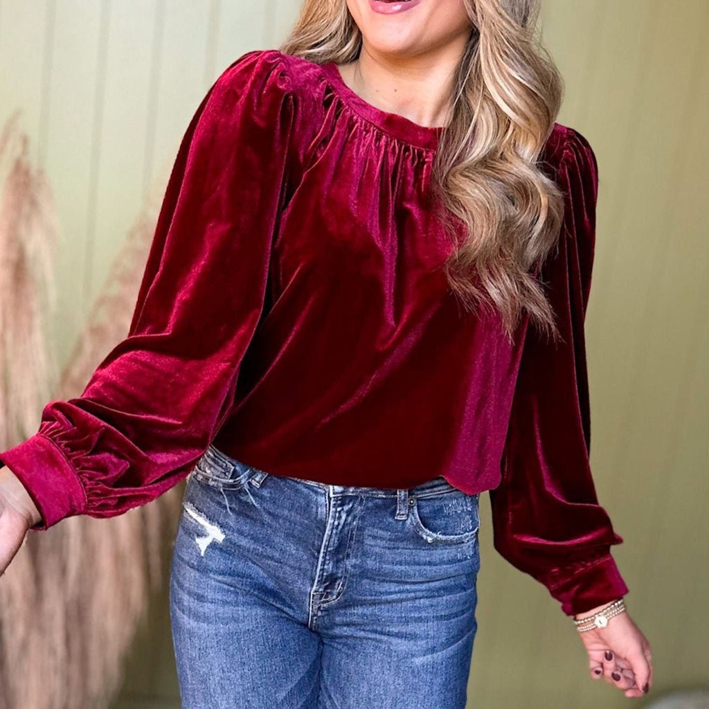 Velvet Balloon Sleeve Round Neck Blouse - Red - 2