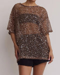 Sequin Mesh Short Sleeve Oversized Tee - Chocolate