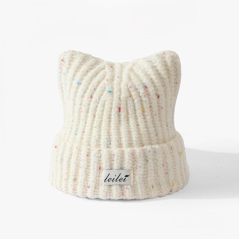 Cat Ear Ribbed Knit Beanie with Speckled Yarn - Beige
