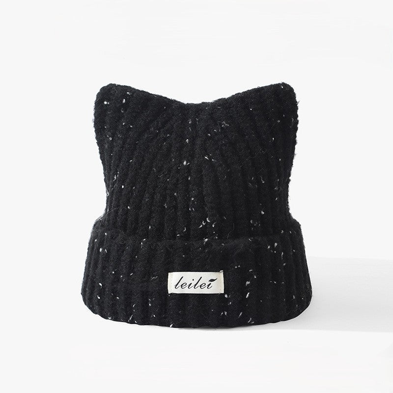 Cat Ear Ribbed Knit Beanie with Speckled Yarn - Black