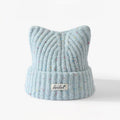 Cat Ear Ribbed Knit Beanie with Speckled Yarn - Blue