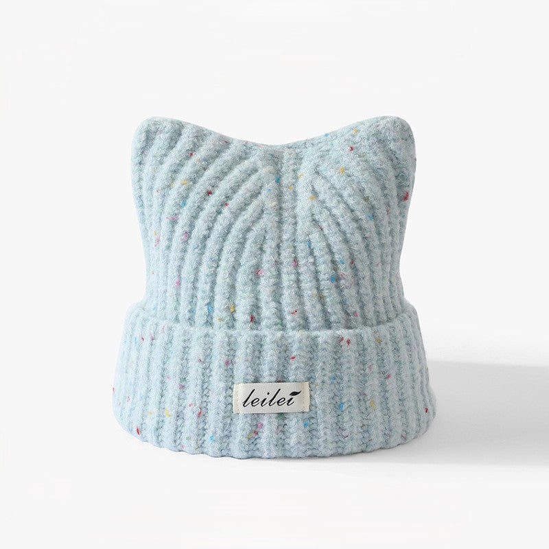 Cat Ear Ribbed Knit Beanie with Speckled Yarn - Blue