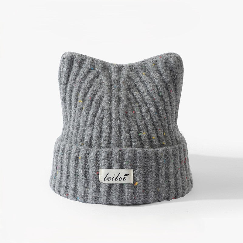 Cat Ear Ribbed Knit Beanie with Speckled Yarn - Grey