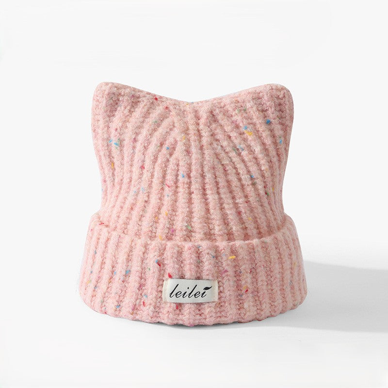 Cat Ear Ribbed Knit Beanie with Speckled Yarn - Pink