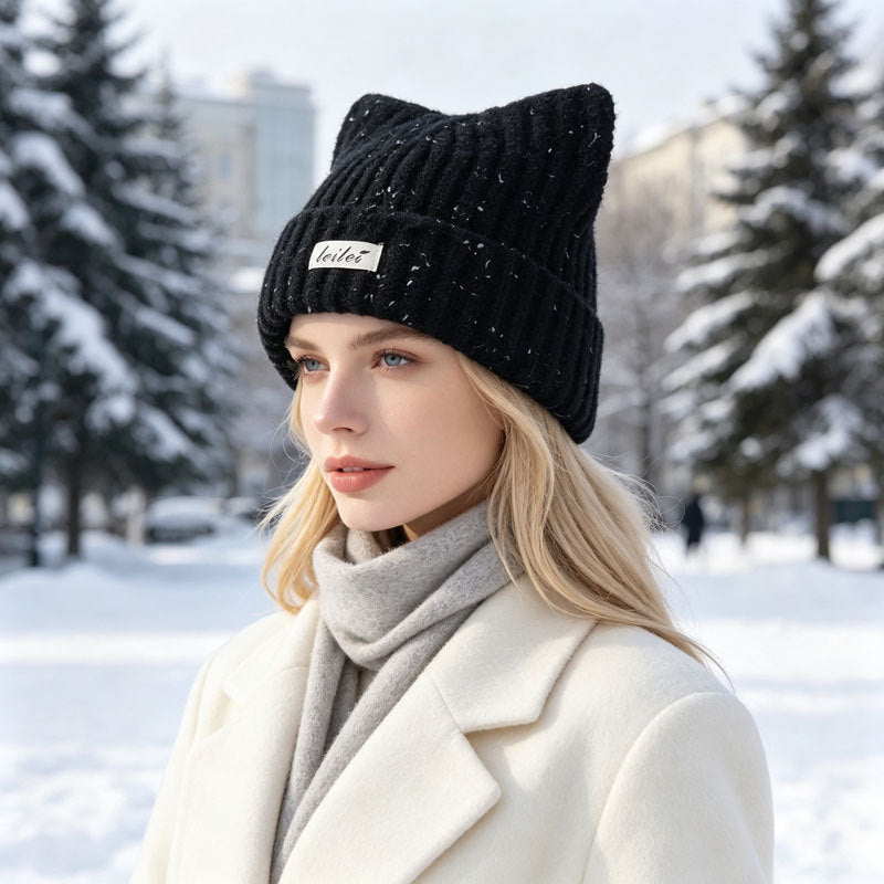 Cat Ear Ribbed Knit Beanie with Speckled Yarn