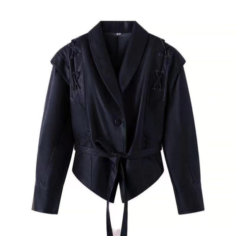 Faux Leather Lace-Up Shawl Collar Belted Jacket - Black