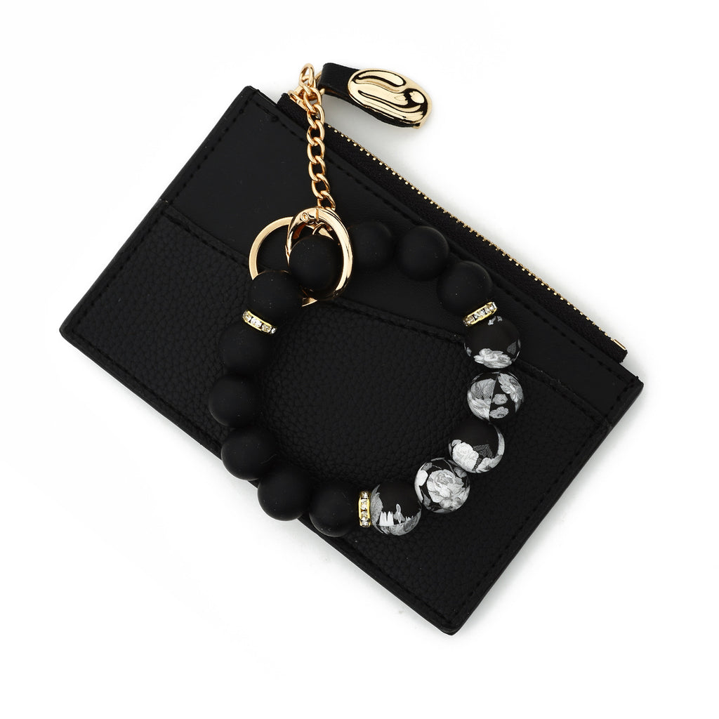 Minimalist Card Wallet Keychain With Bead Bracelet - Black