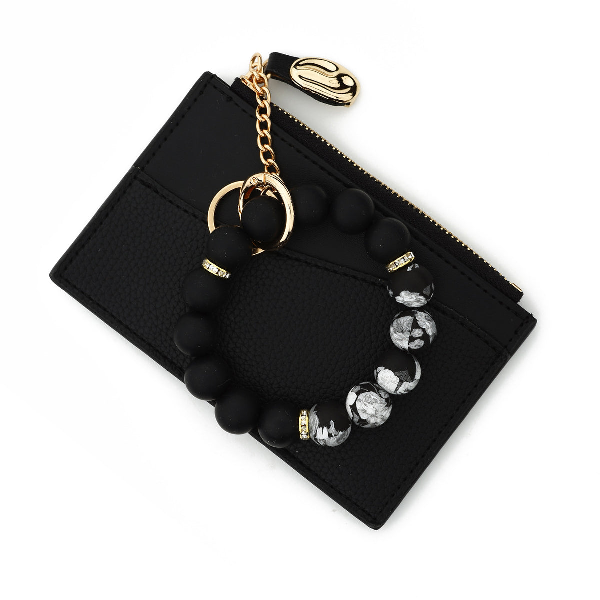 Minimalist Card Wallet Keychain With Bead Bracelet - Black