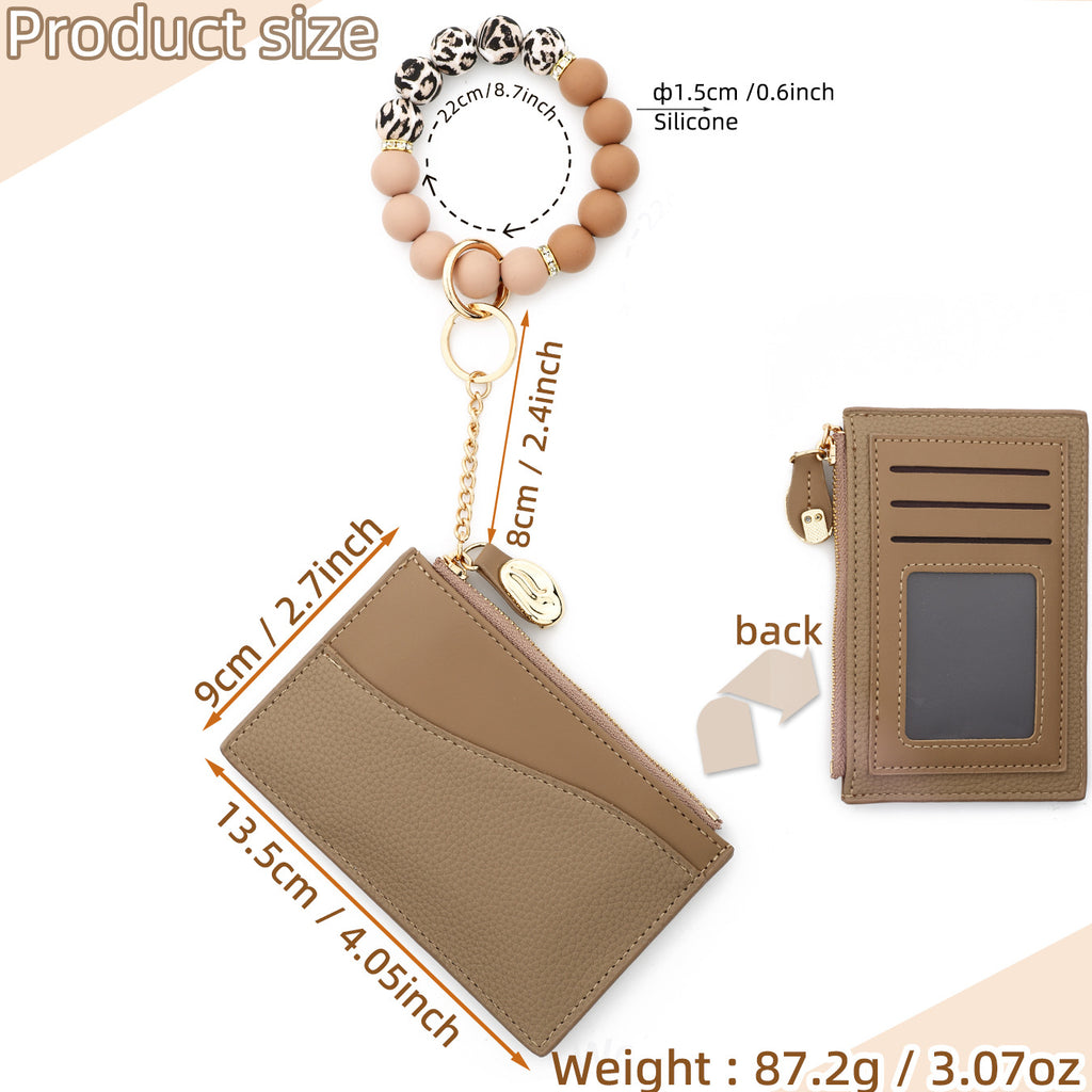 Minimalist Card Wallet Keychain With Bead Bracelet - Coffee