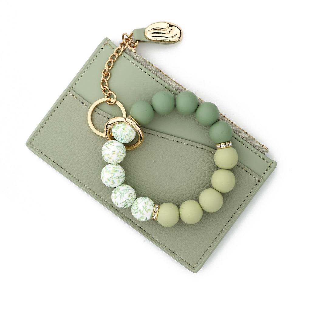 Minimalist Card Wallet Keychain With Bead Bracelet - Green