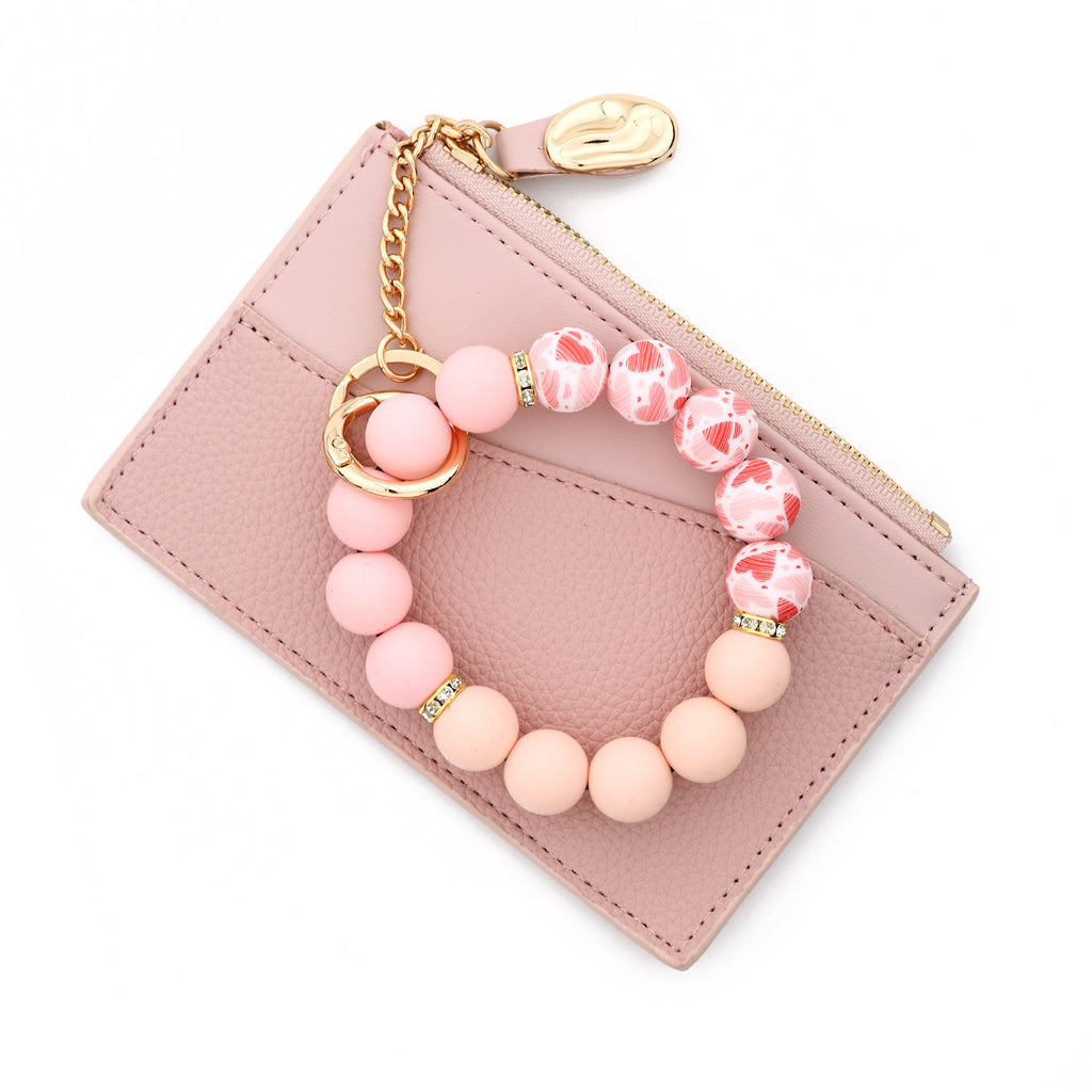 Minimalist Card Wallet Keychain With Bead Bracelet - Pink