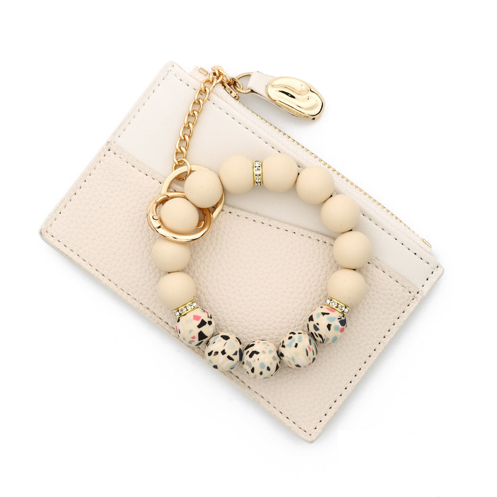 Minimalist Card Wallet Keychain With Bead Bracelet - White