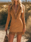 Plunging Zip Front Fringe Mini Dress Long Sleeve - Brown