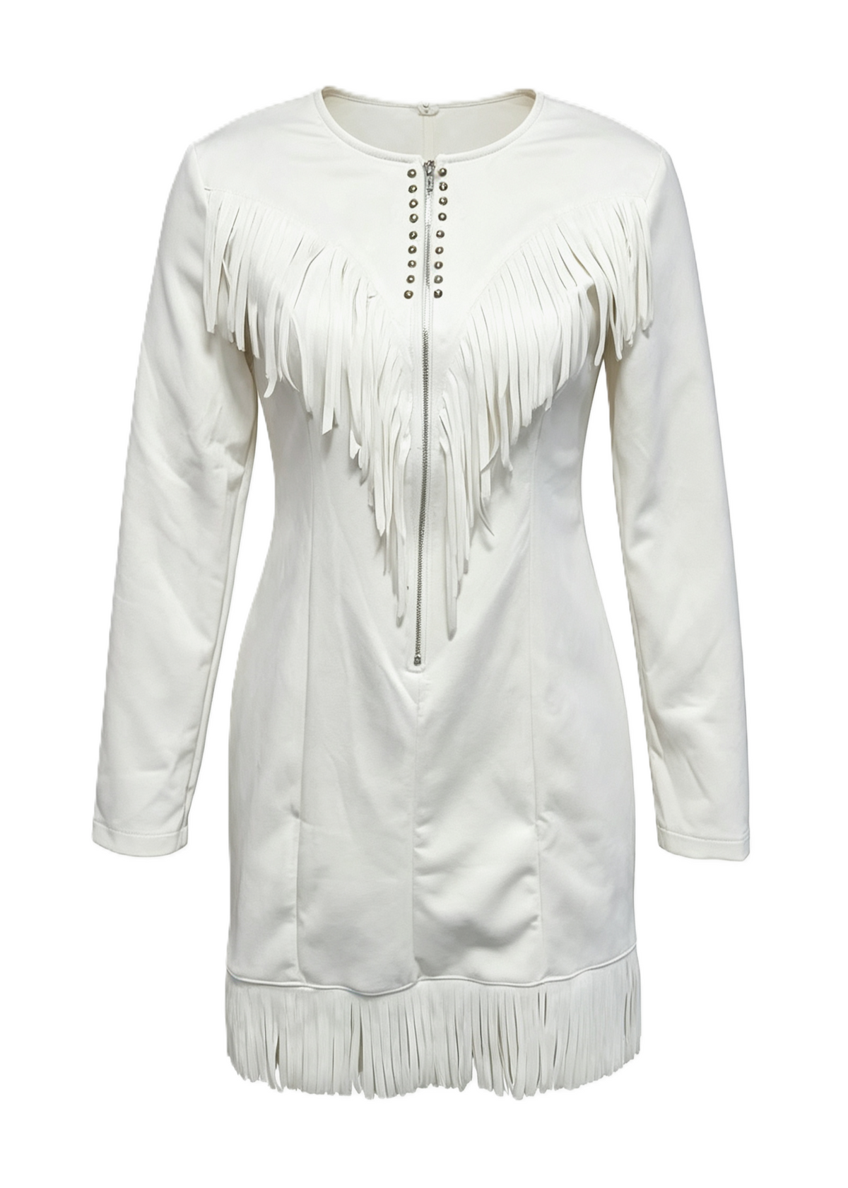 Plunging Zip Front Fringe Mini Dress Long Sleeve - Ivory