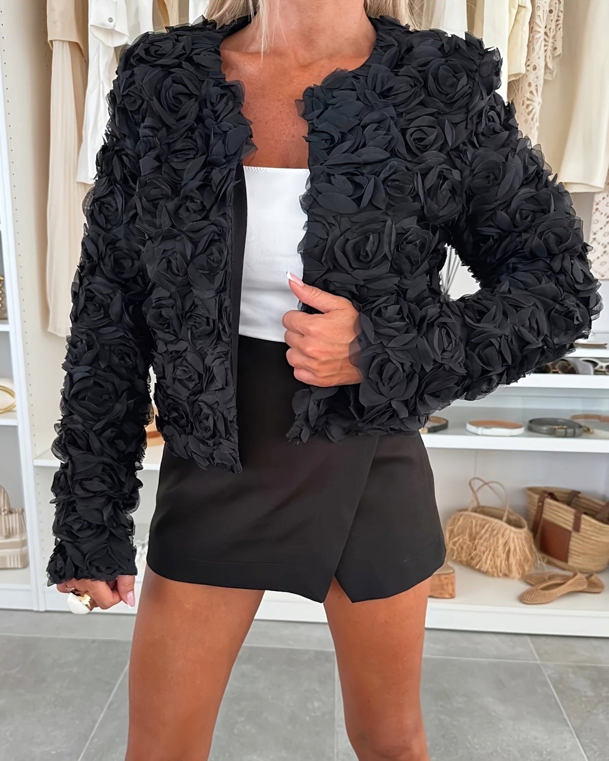 Rosette Texture Cropped Open Front Jacket - Black