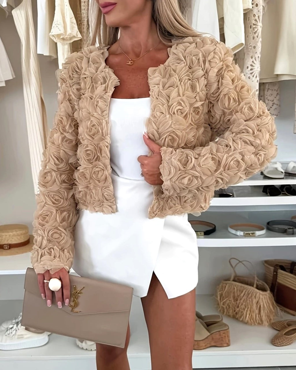 Rosette Texture Cropped Open Front Jacket - Brown