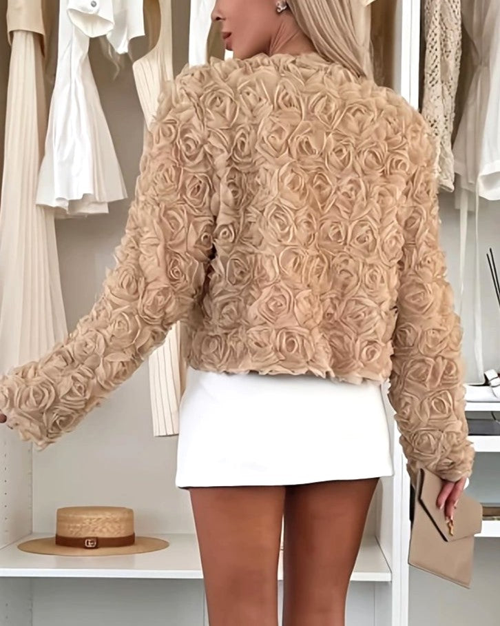 Rosette Texture Cropped Open Front Jacket - Brown - 1