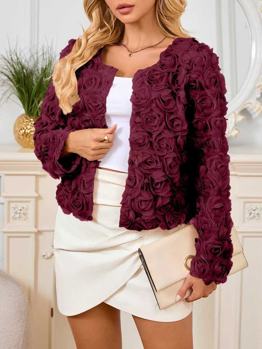 Rosette Texture Cropped Open Front Jacket - WineRed