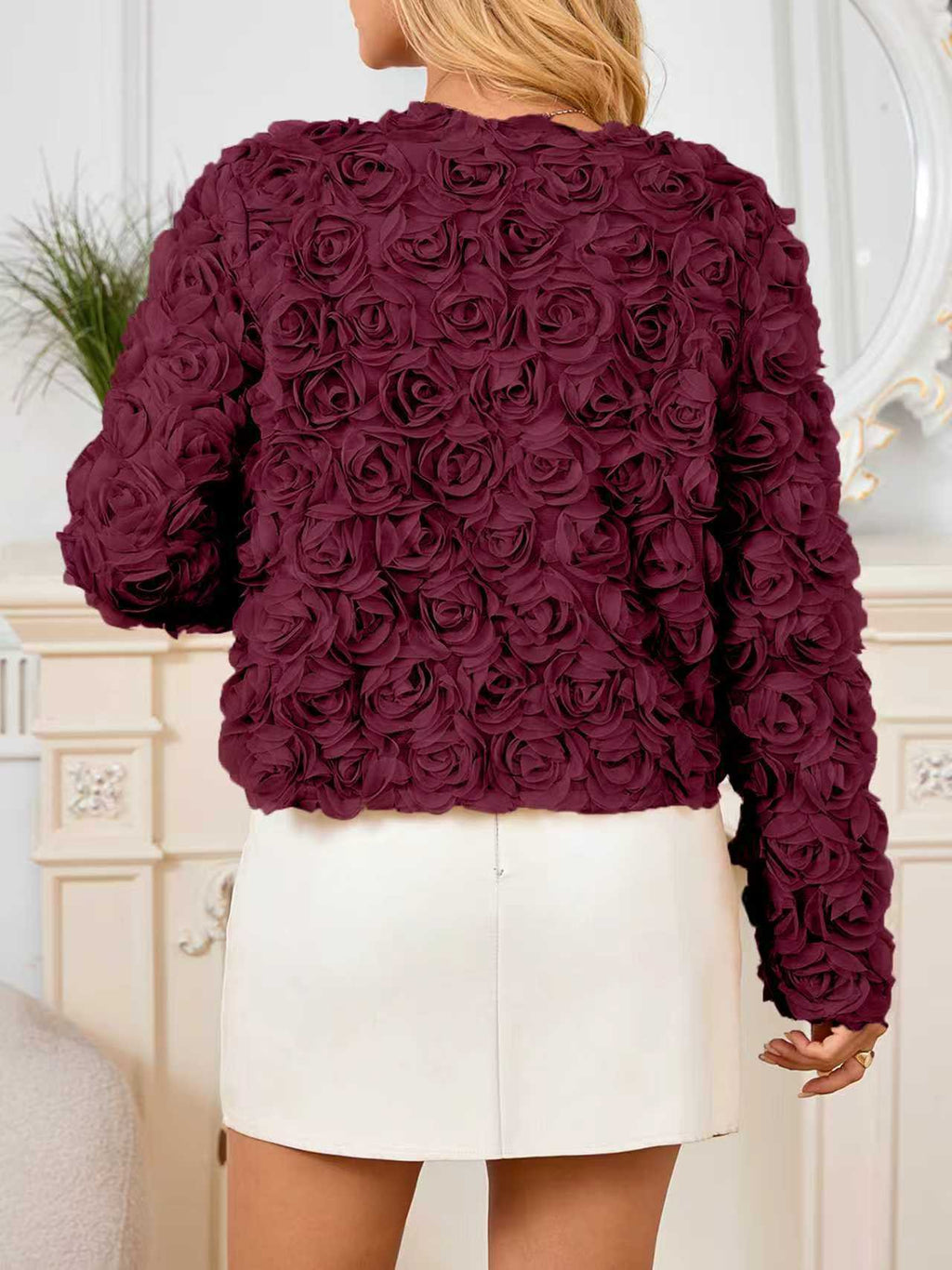 Rosette Texture Cropped Open Front Jacket - WineRed - 1