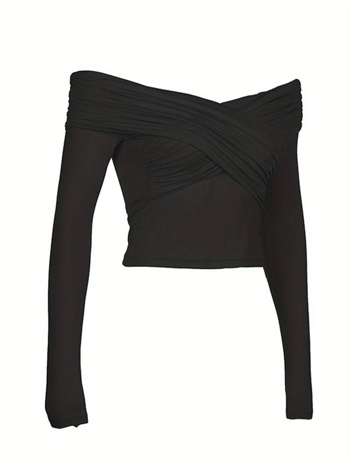 Black Crossover Bardot Long Sleeve Crop Top - Black