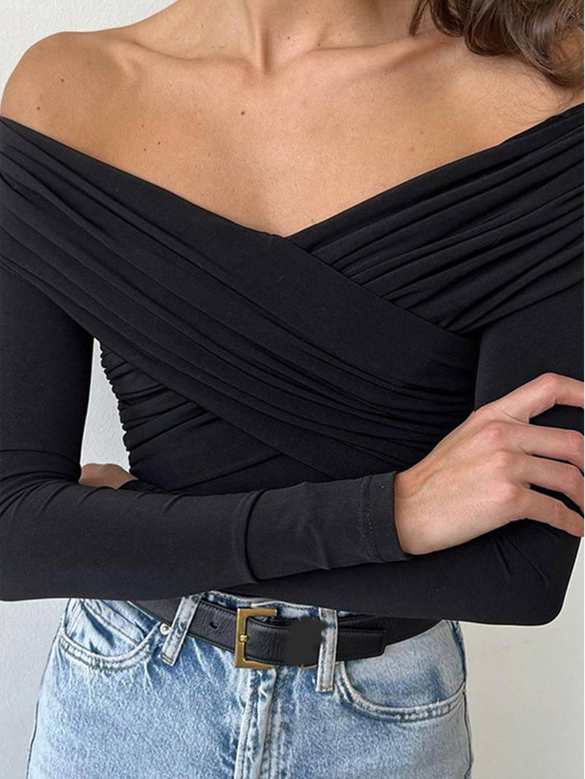 Black Crossover Bardot Long Sleeve Crop Top - Black - 2