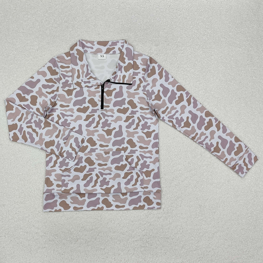 Quarter Zip Camo Print Long Sleeve Top - Clay