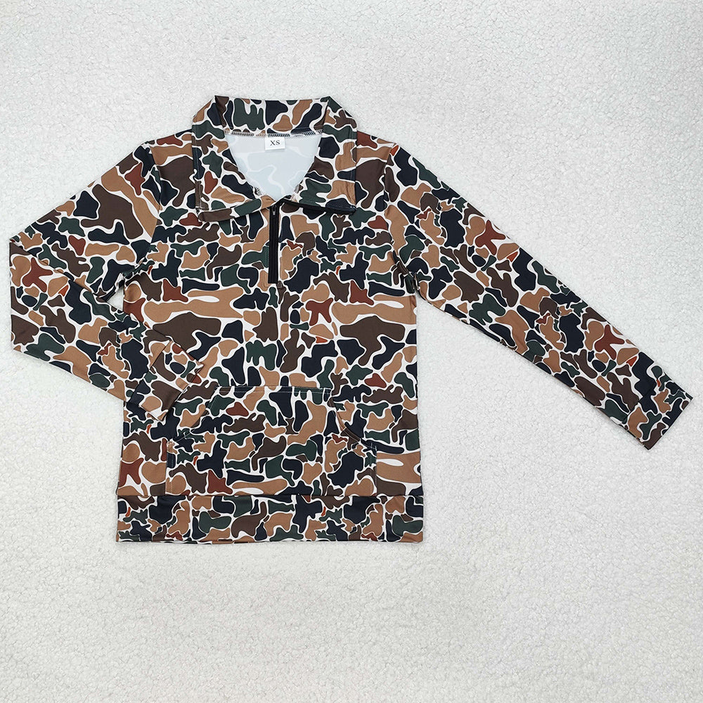 Quarter Zip Camo Print Long Sleeve Top - Dark