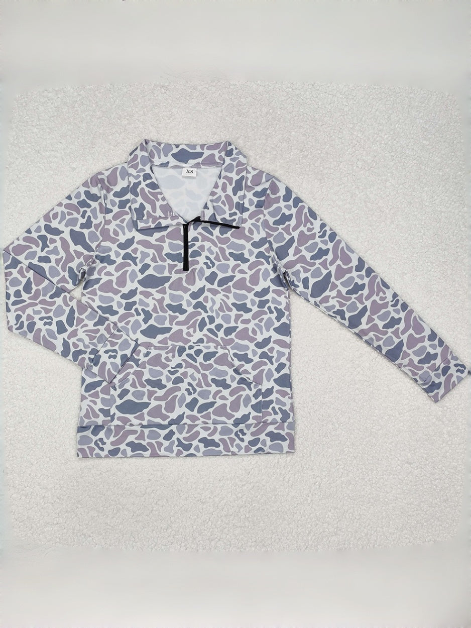 Quarter Zip Camo Print Long Sleeve Top - Grey1