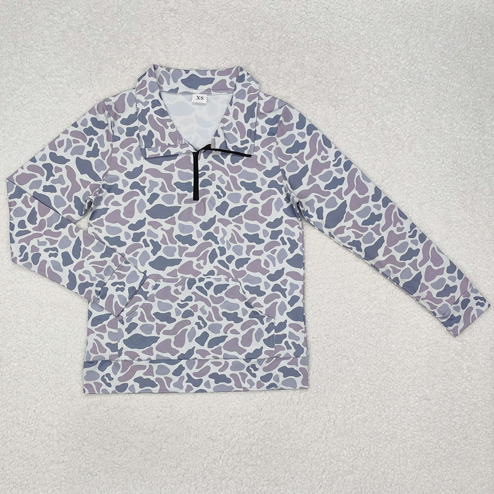 Quarter Zip Camo Print Long Sleeve Top - Grey1 - 1