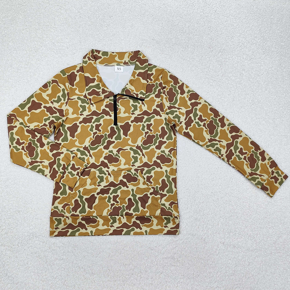 Quarter Zip Camo Print Long Sleeve Top - Mustard