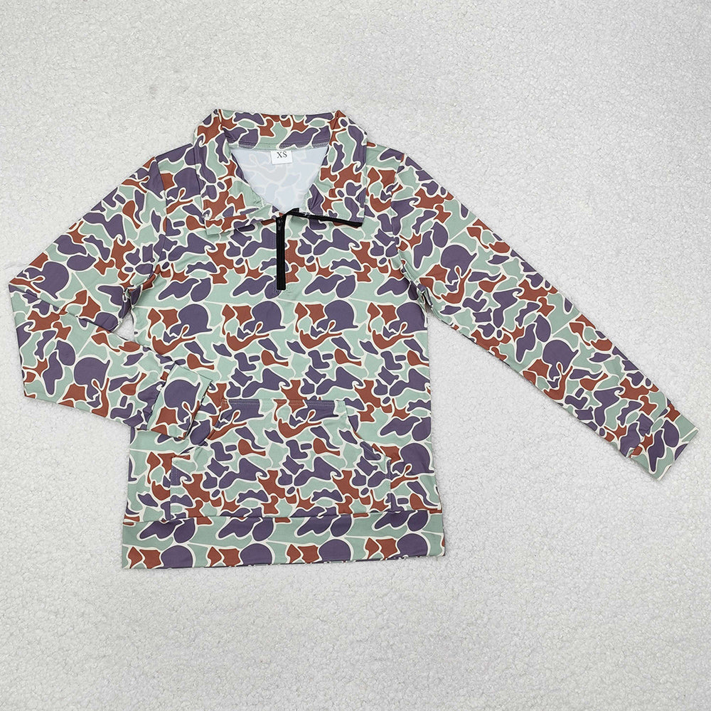 Quarter Zip Camo Print Long Sleeve Top - Purple