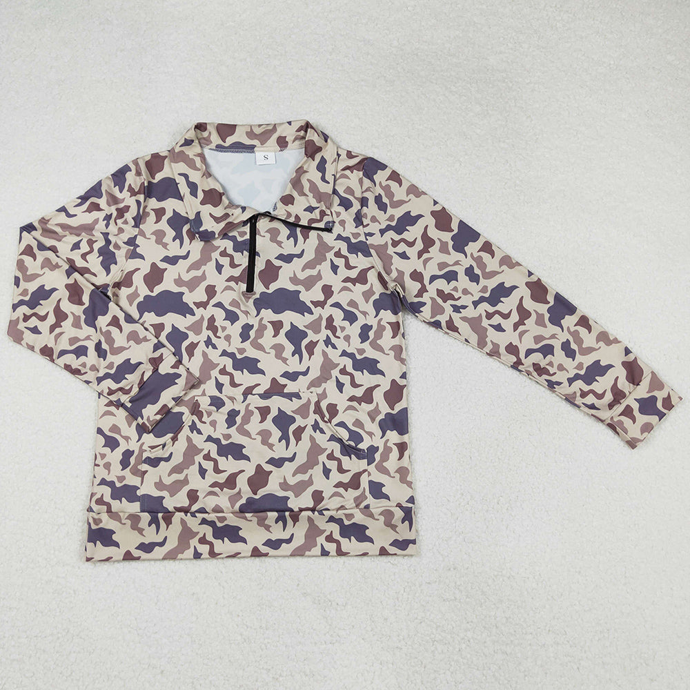 Quarter Zip Camo Print Long Sleeve Top