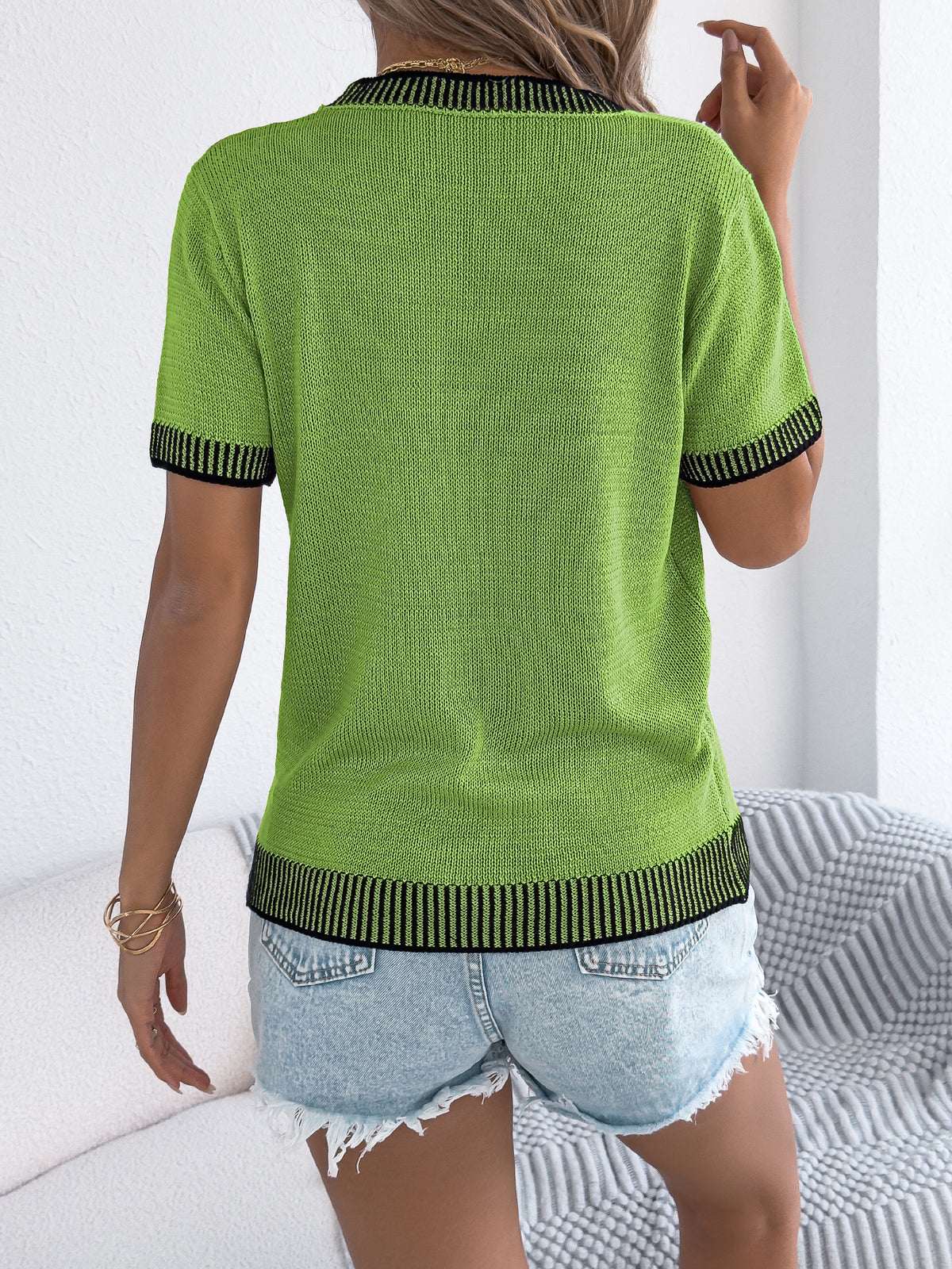 Contrast Trim Short Sleeve Knit Top - view 1
