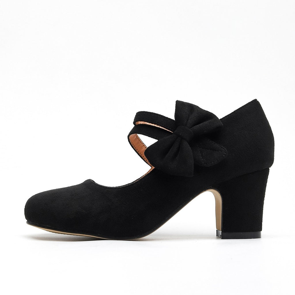 Faux Suede Bow Mary Jane Block Heel Pumps - Black