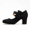 Faux Suede Bow Mary Jane Block Heel Pumps - Black