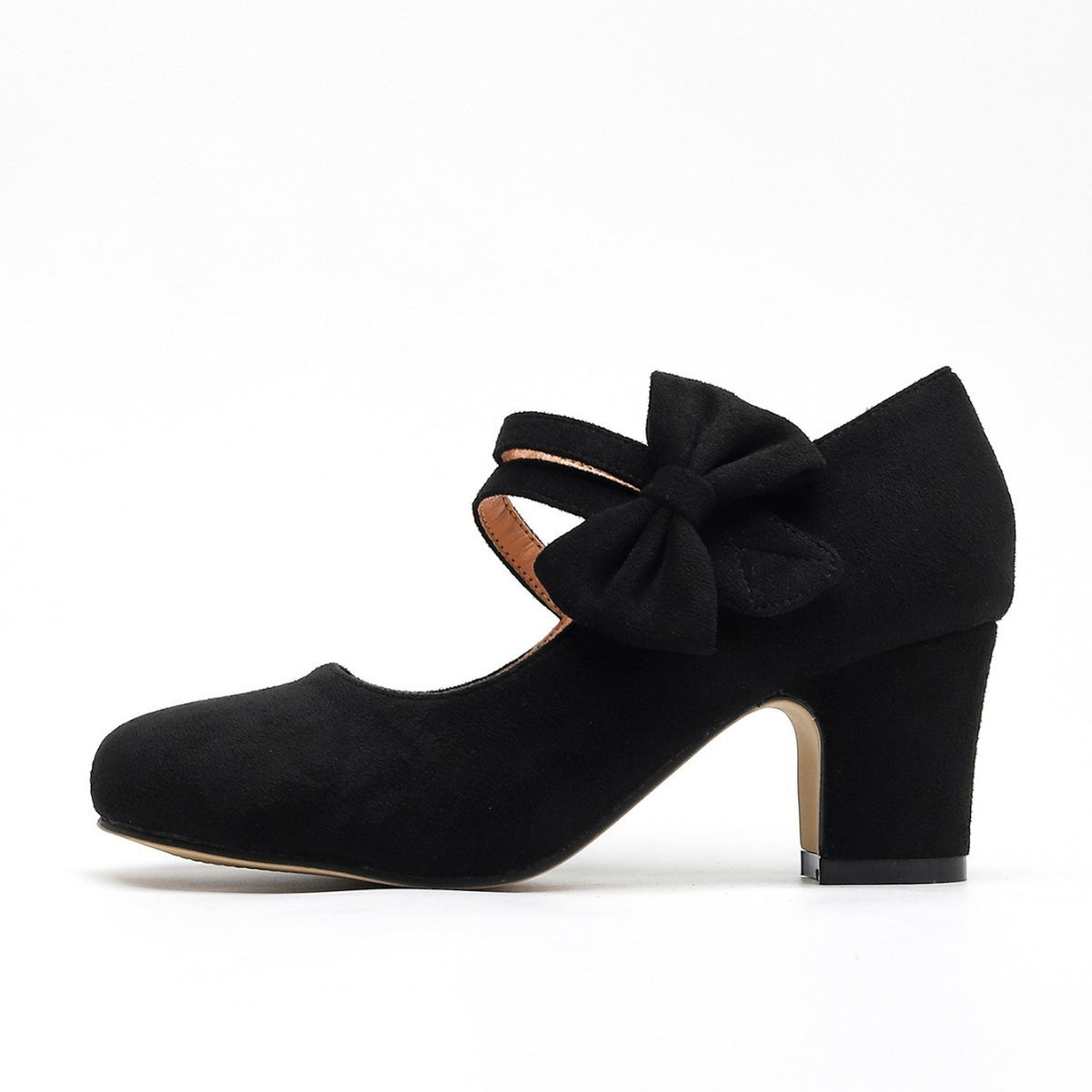 Faux Suede Bow Mary Jane Block Heel Pumps - Black