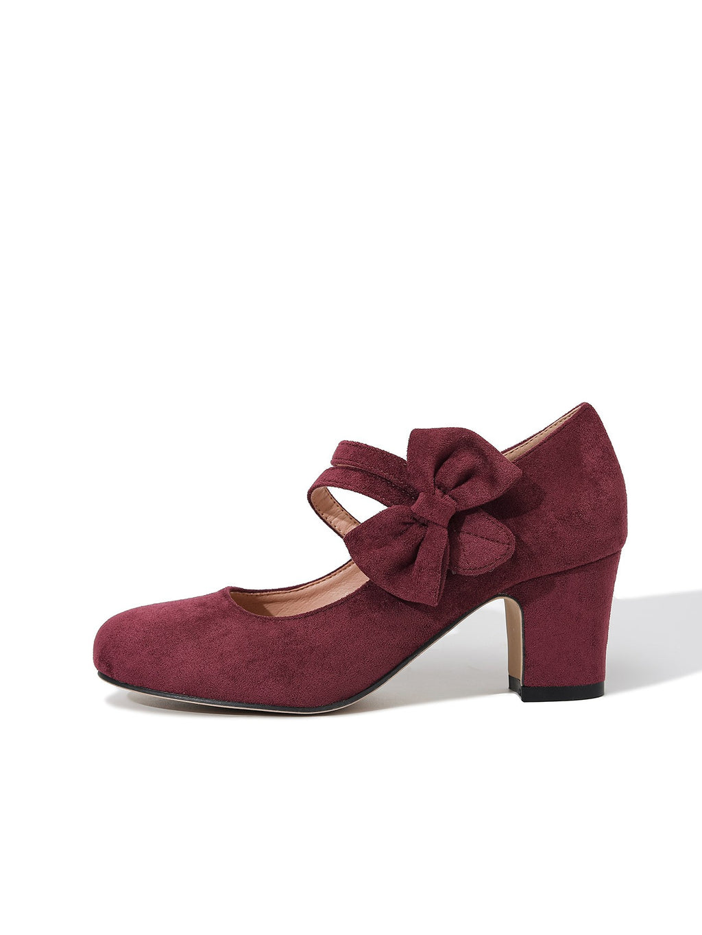 Faux Suede Bow Mary Jane Block Heel Pumps - Burgundy