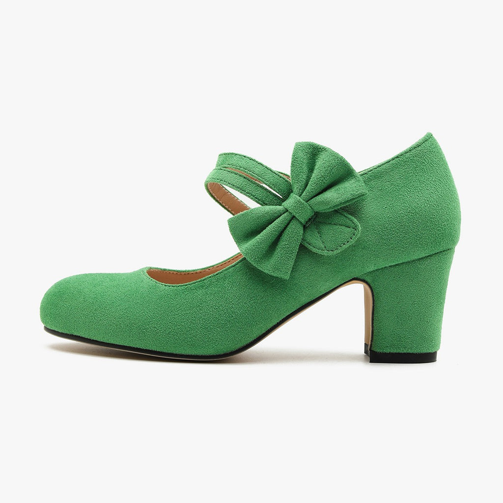 Faux Suede Bow Mary Jane Block Heel Pumps - Green