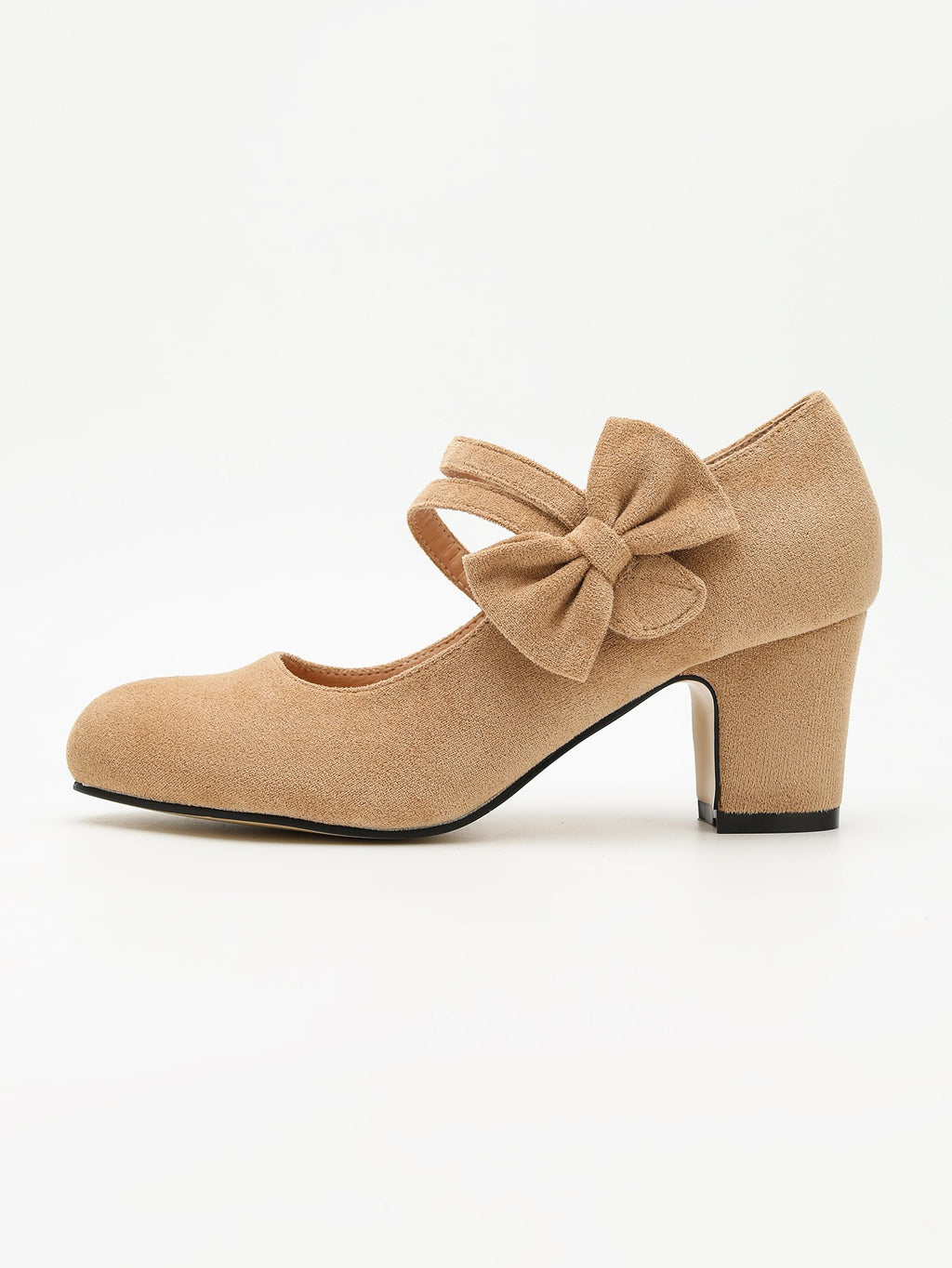 Faux Suede Bow Mary Jane Block Heel Pumps - Khaki