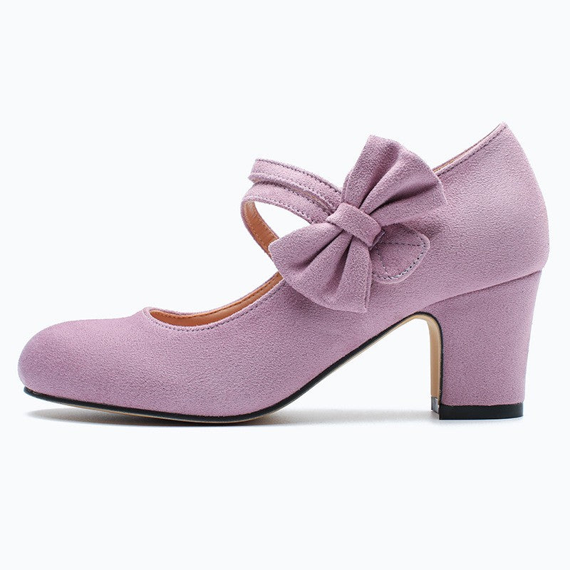Faux Suede Bow Mary Jane Block Heel Pumps - Lilac