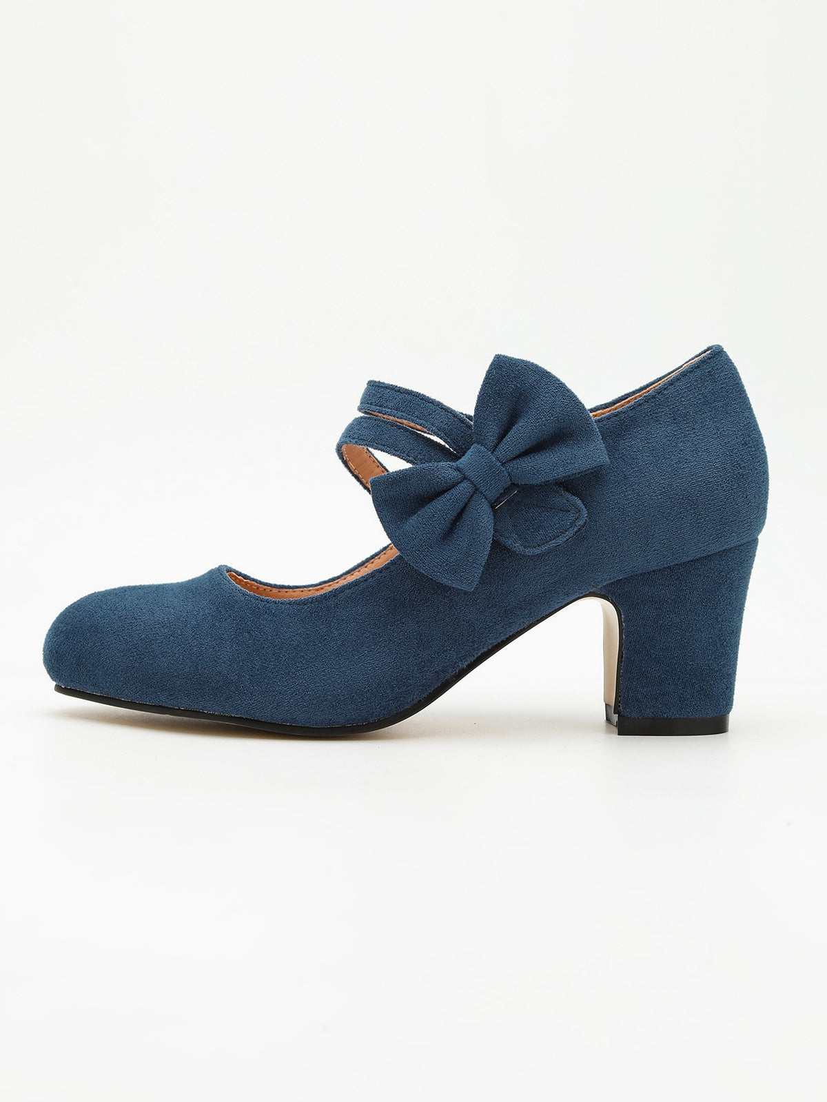 Faux Suede Bow Mary Jane Block Heel Pumps - Navy