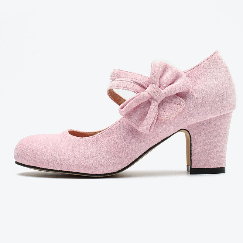 Faux Suede Bow Mary Jane Block Heel Pumps - Pink