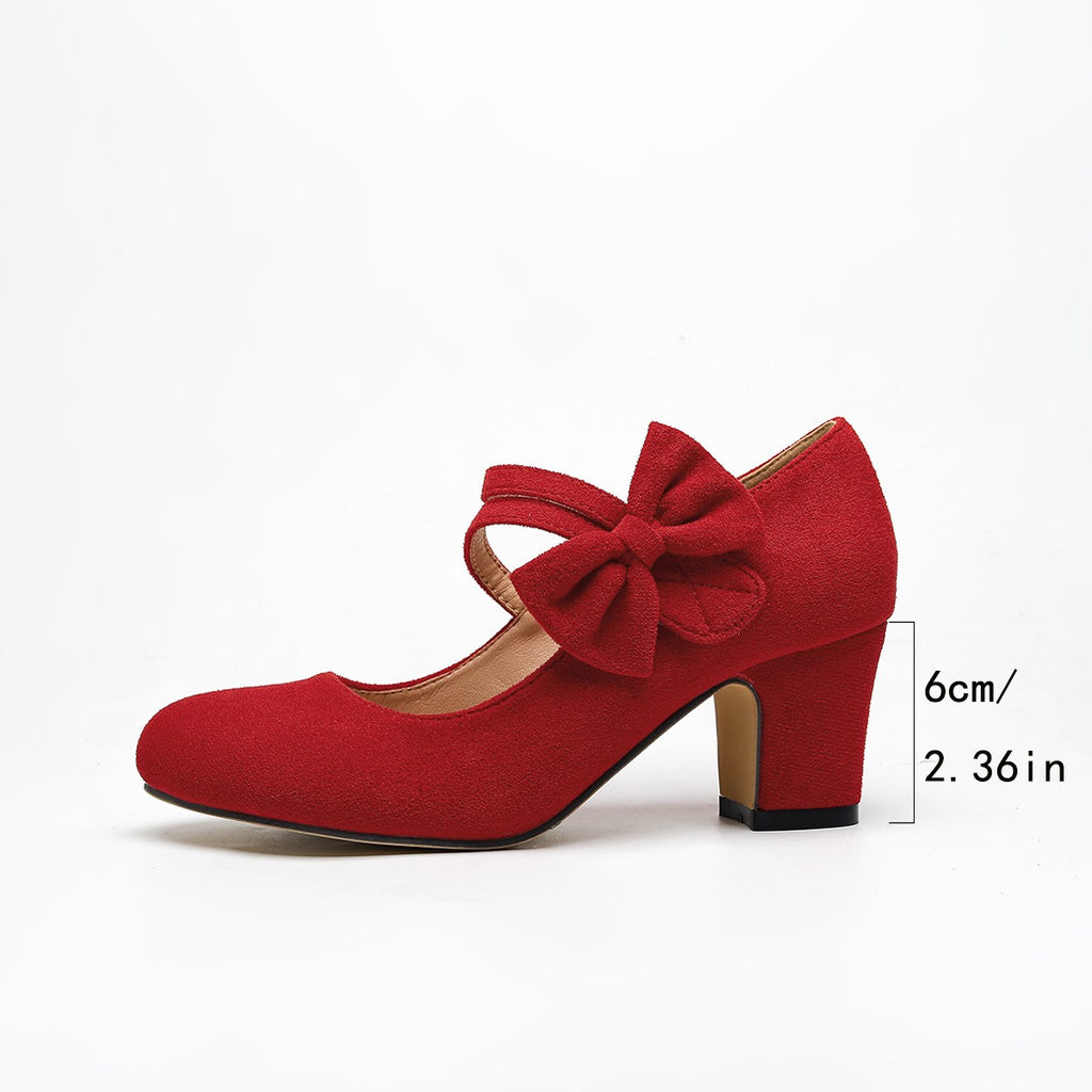 Faux Suede Bow Mary Jane Block Heel Pumps
