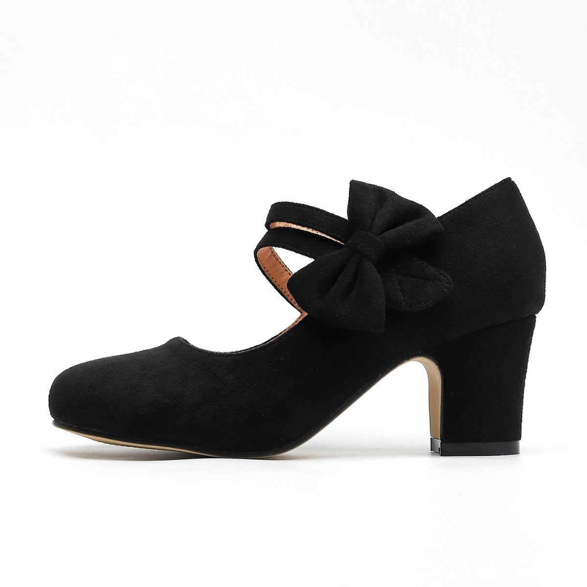 Faux Suede Bow Mary Jane Block Heel Pumps