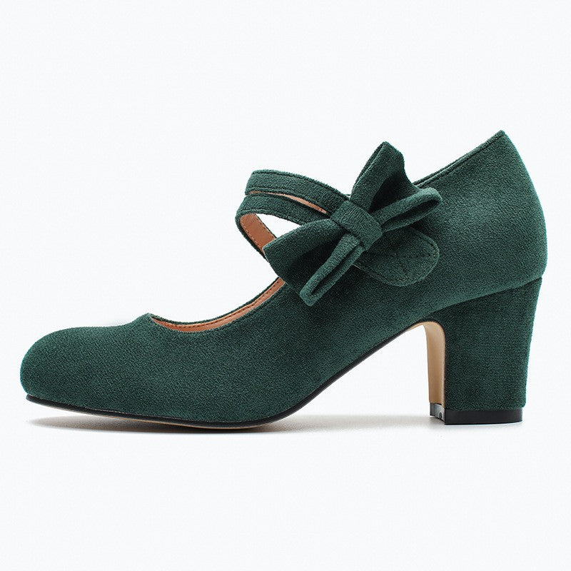 Faux Suede Bow Mary Jane Block Heel Pumps